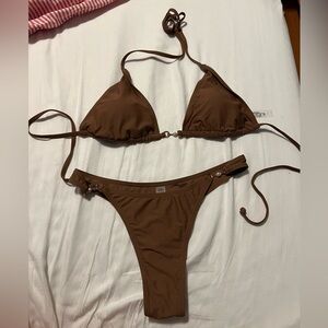 Womens SHEIN Swimsuit BAE Pearl Embellished Triangle Coffee Brown Bikini Large